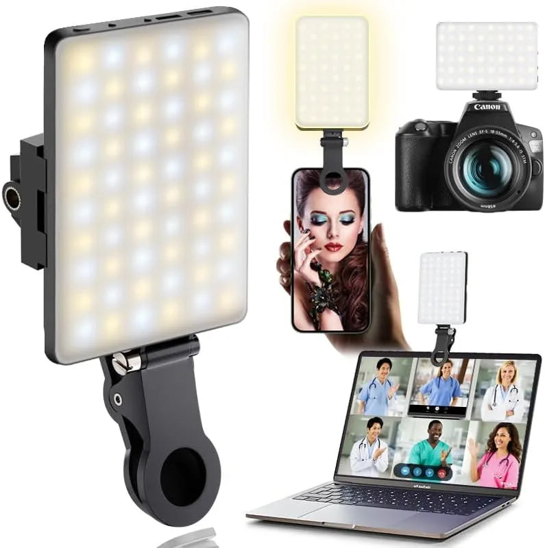 Clip-on LED light with warm and cool beads, shown clipped to a phone, mounted on a DSLR and clipped to a laptop