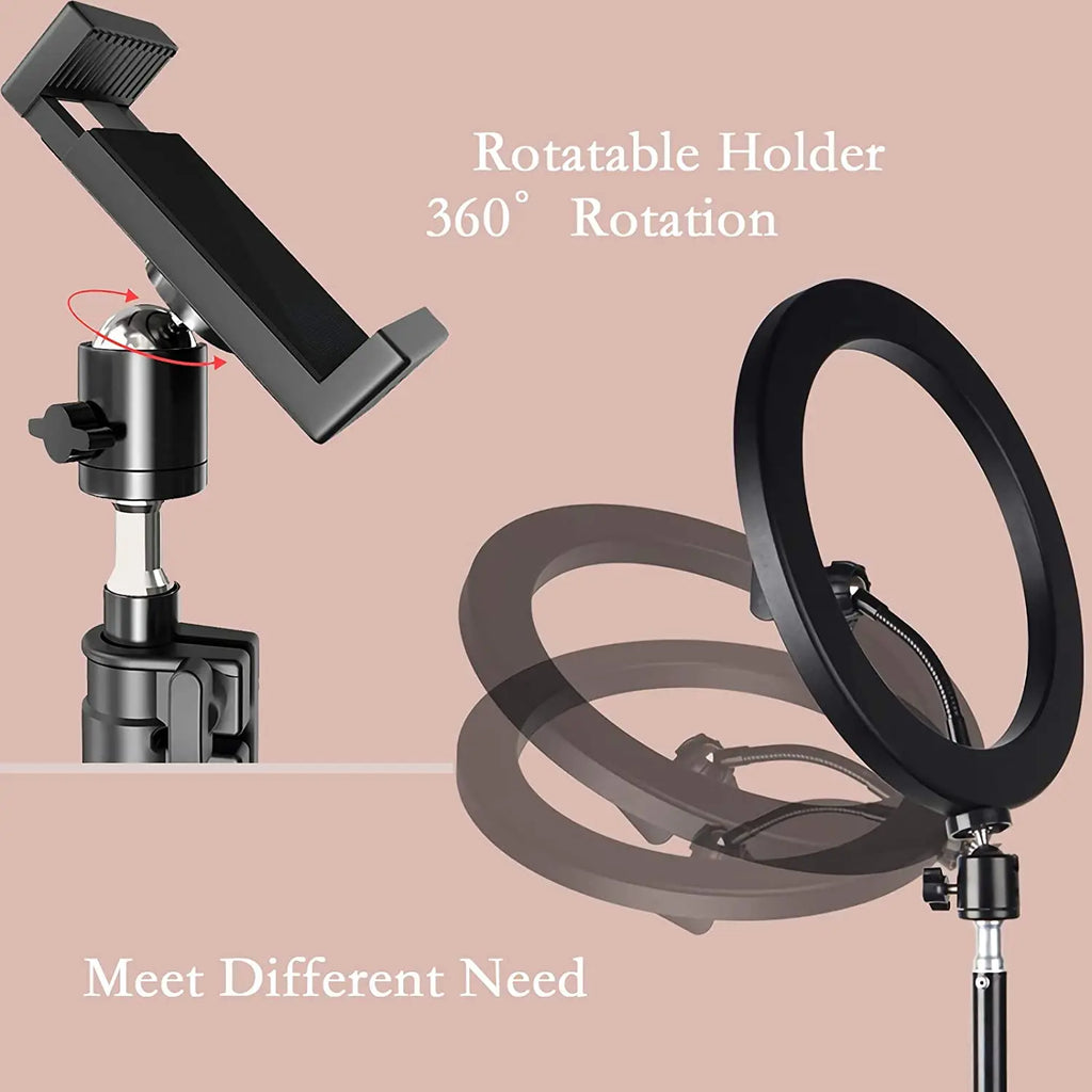 Black LED ring light shown on a small tabletop tripod and on a tall floor stand holding a phone, with a small remote