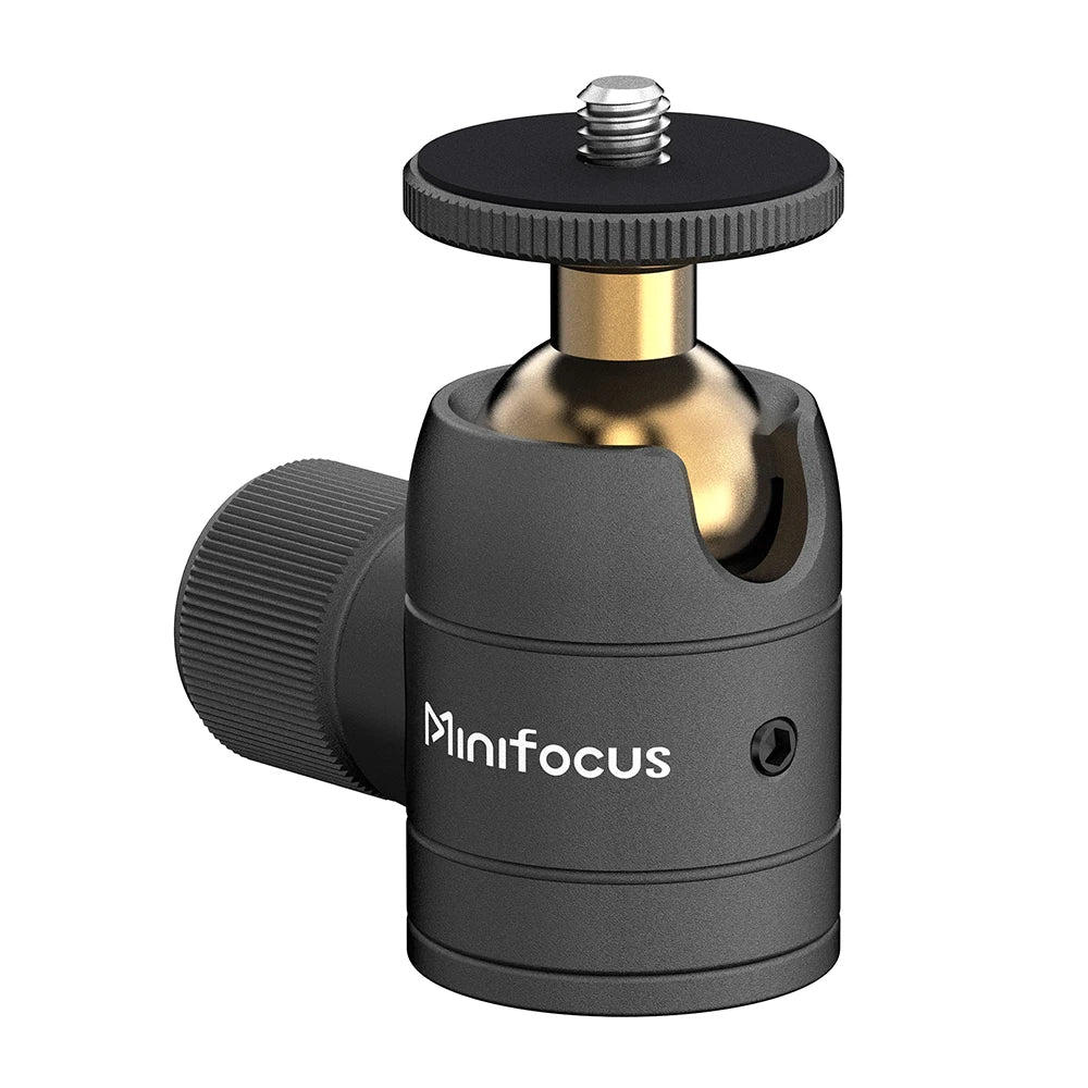 Small black ball head with a brass-colored ball, a round top plate with a screw, and a large side locking knob