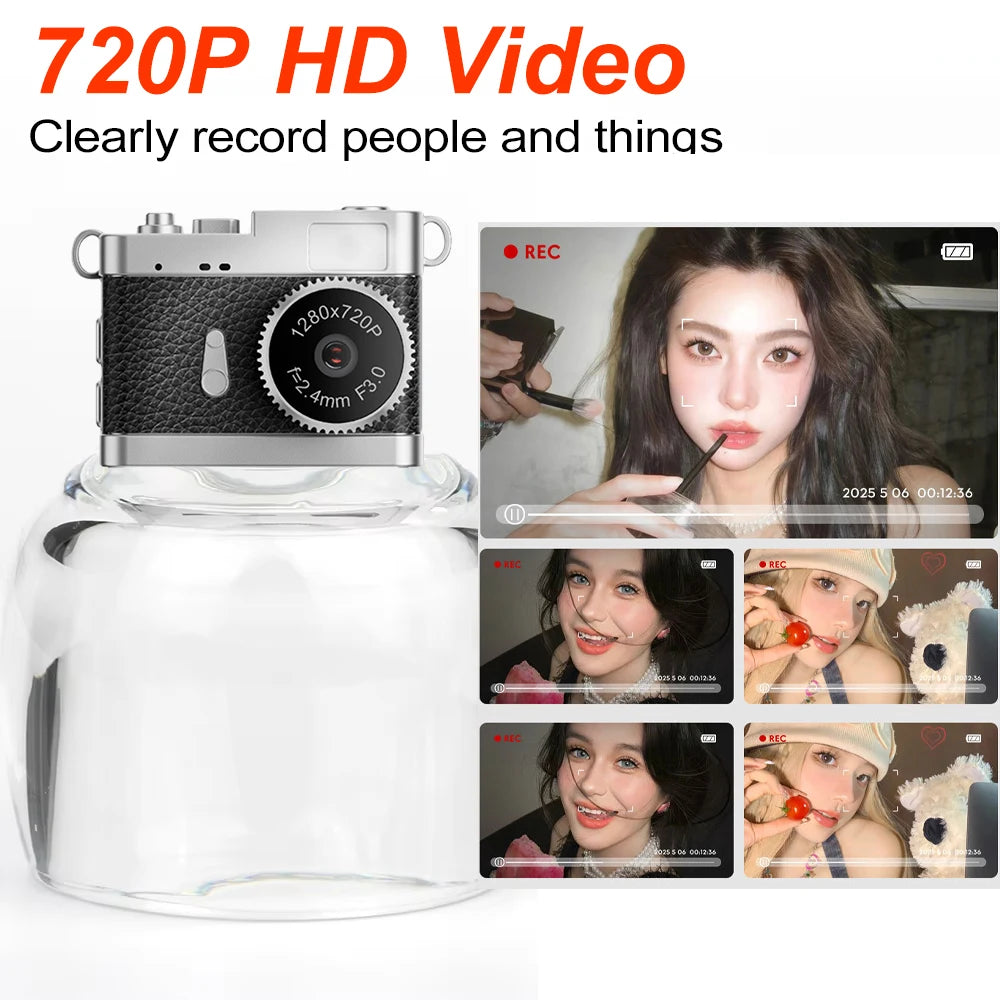 Tiny silver and black retro-style camera held between two fingers, its lens dial printed 1280x720P