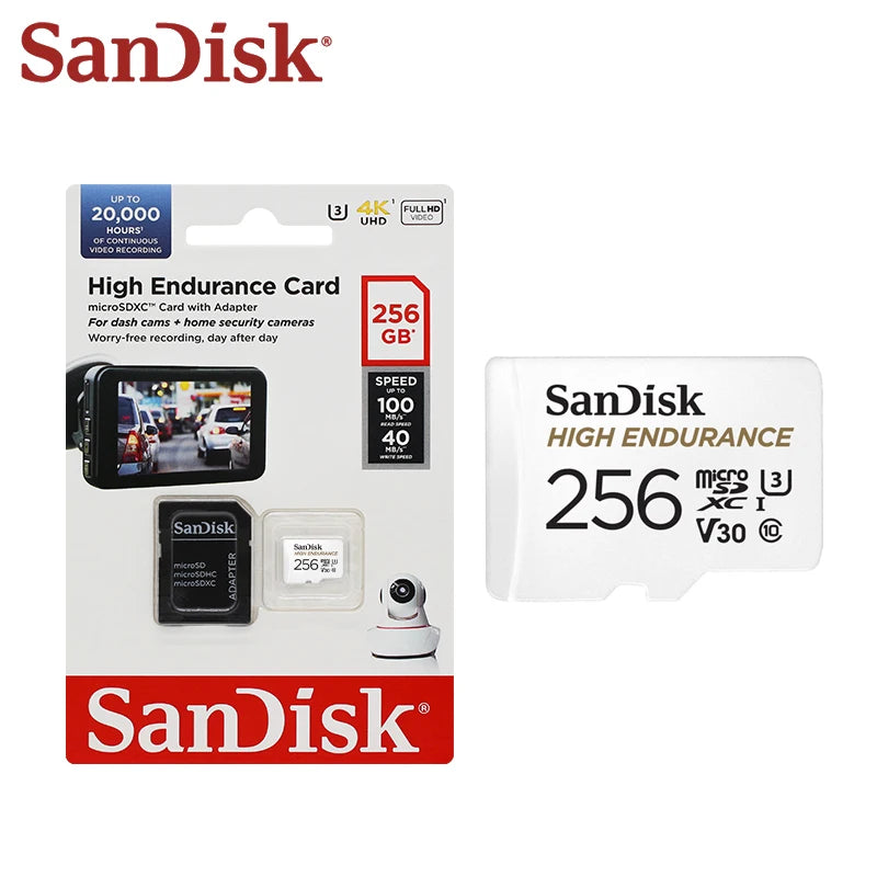 Four white SanDisk High Endurance microSD cards marked 32, 64, 128 and 256 GB