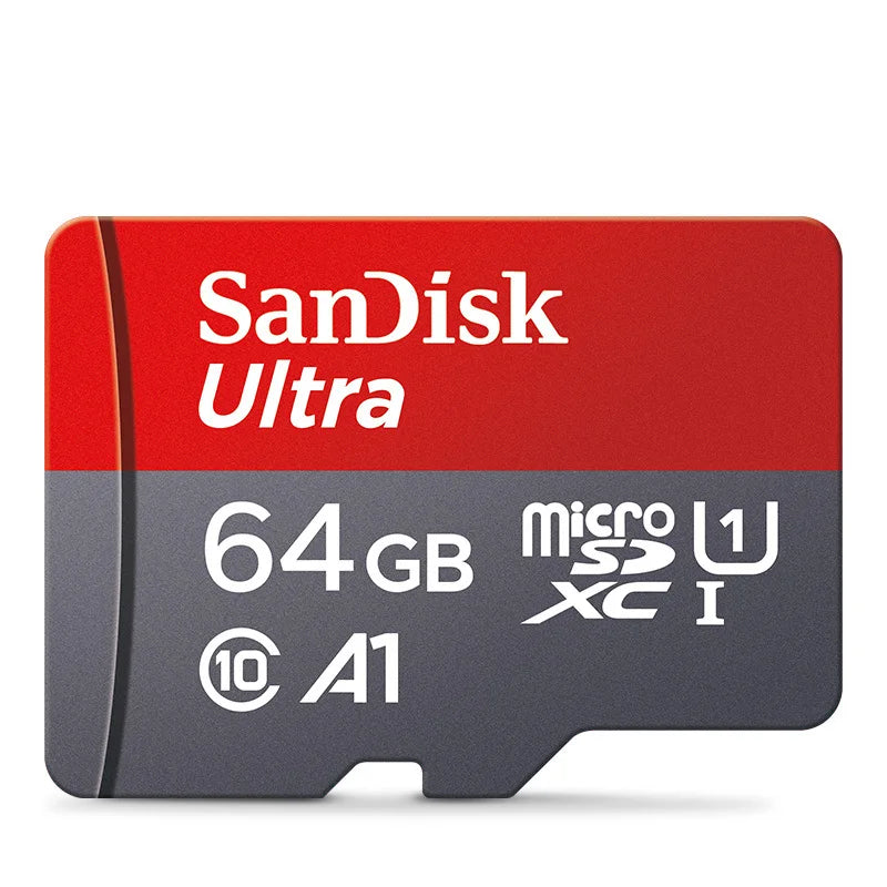 Four red and grey SanDisk Ultra microSD cards marked 256GB, 32GB, 64GB and 128GB