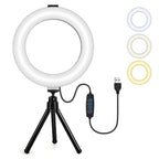 A 6-inch LED ring light and a square panel light, each on a small extendable tripod with an inline USB controller