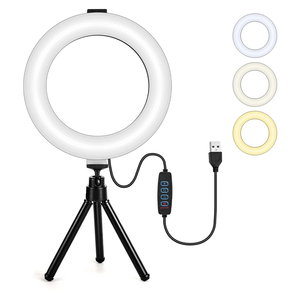 A 6-inch LED ring light and a square panel light, each on a small extendable tripod with an inline USB controller
