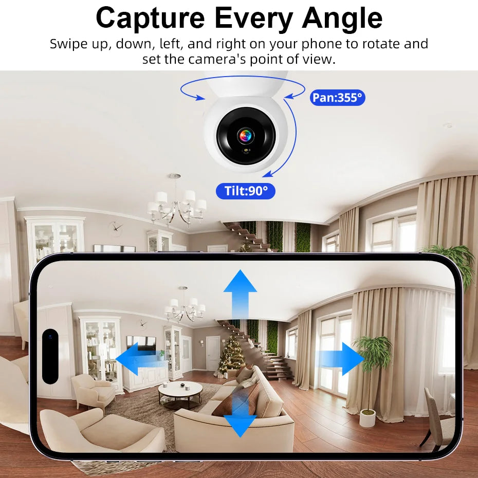 White Fuers pan-tilt indoor camera beside a hand holding a phone that shows a sleeping baby in the app