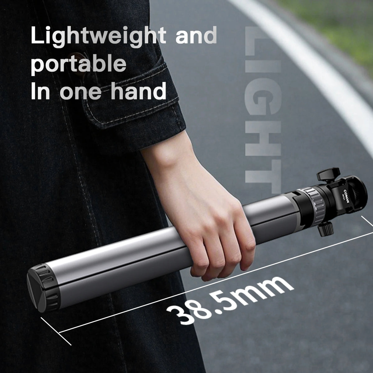 Gray Coman tripod holding a phone at full height, shown folded with a small tilting head, plus a head close-up and a remote
