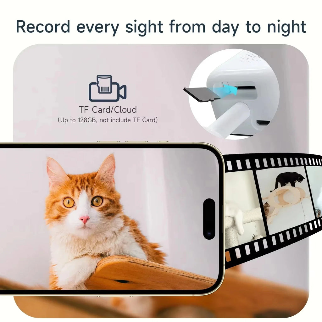 Square white window camera with a black lens panel, beside a phone app showing a house and a garage door