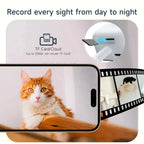 Square white window camera with a black lens panel, beside a phone app showing a house and a garage door
