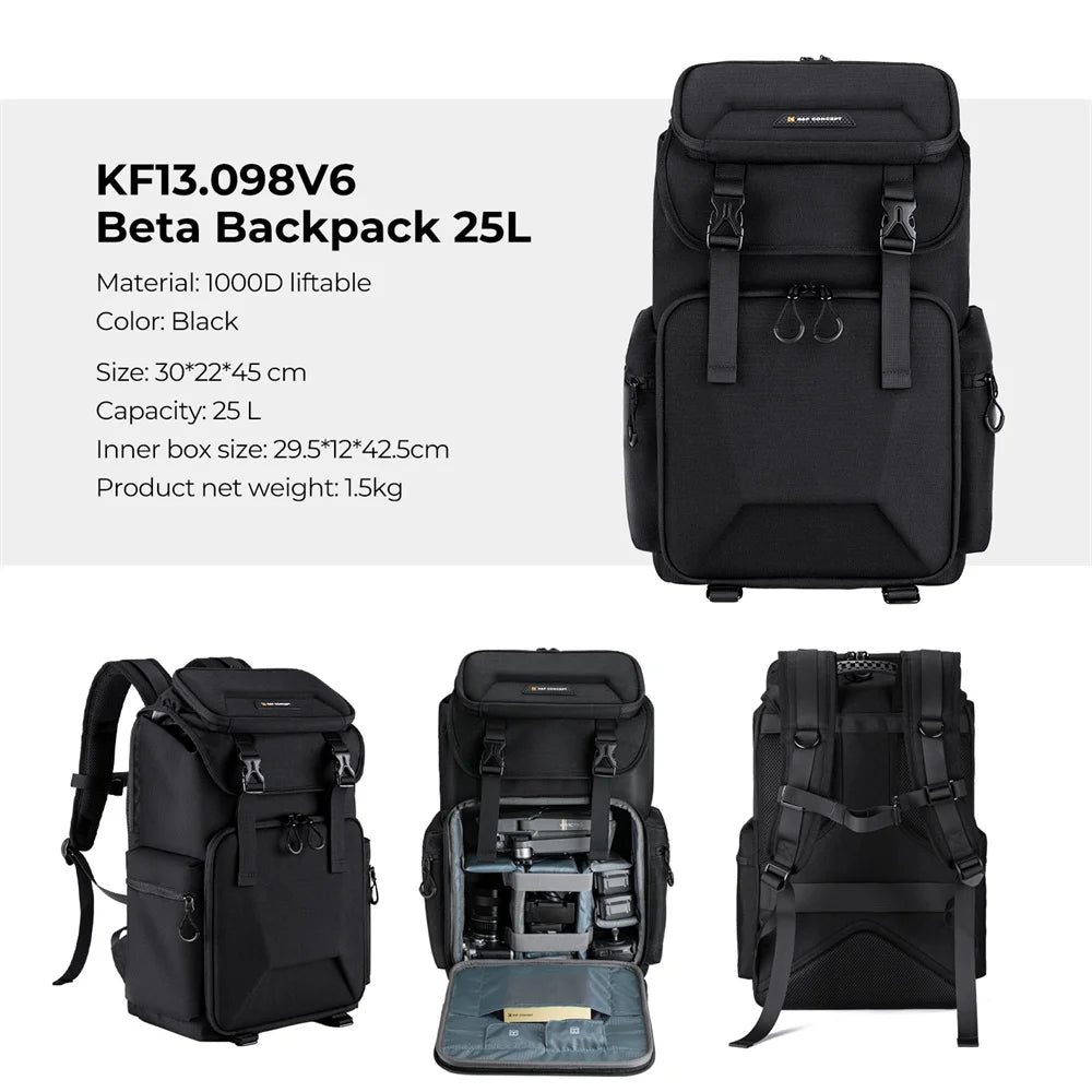 Black K&F Concept camera backpack with a buckled flap top, plus smaller views open to show the camera section
