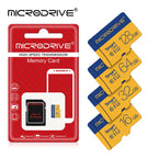 Four blue and yellow Microdrive-labeled microSD cards marked 128GB, 64GB, 32GB and 16GB on a white background