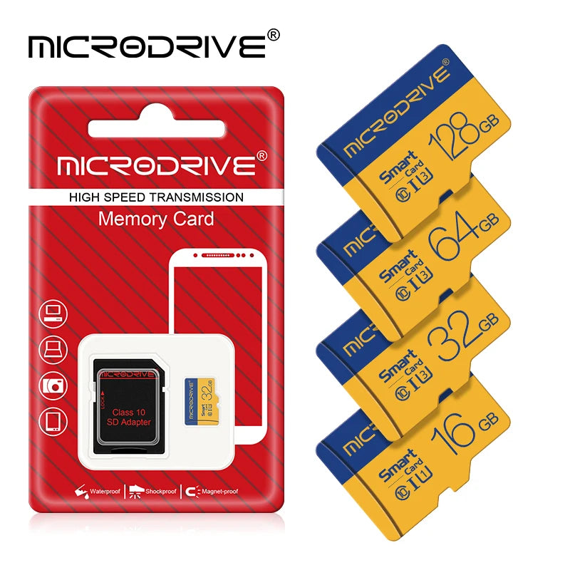 Four blue and yellow Microdrive-labeled microSD cards marked 128GB, 64GB, 32GB and 16GB on a white background