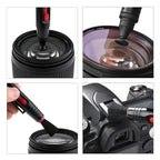 Camera cleaning kit on a shelf: black air blower, lens pen, soft brush, empty spray bottle, cloth and gray drawstring pouch