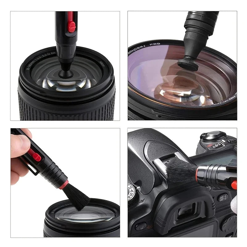 Camera cleaning kit on a shelf: black air blower, lens pen, soft brush, empty spray bottle, cloth and gray drawstring pouch