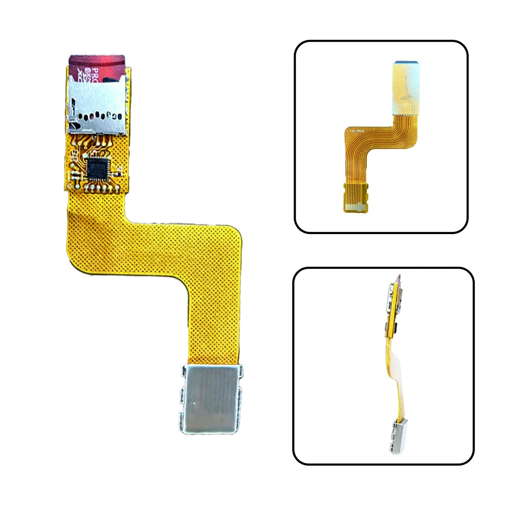 PSP Go console lying face up with an orange ribbon adapter attached at the left edge and a Memory Stick entry on screen