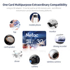 Five blue Netac microSD cards in a row marked 32, 64, 128, 256 and 512 GB on a white background