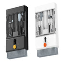 Two slim cleaning tool boxes, one black and one white, with brush bases and small tools stored behind clear covers