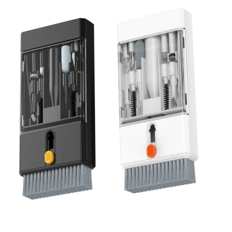 Two slim cleaning tool boxes, one black and one white, with brush bases and small tools stored behind clear covers