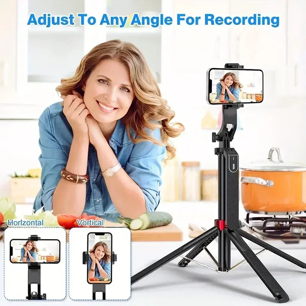 Black selfie stick tripod with a phone clamp shown fully extended beside a standing man, folded, and set up as a short tripod
