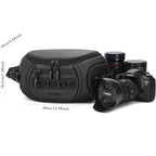 Black Qisemian camera sling bag shown closed, and open three times with a DSLR and lenses in grey dividers