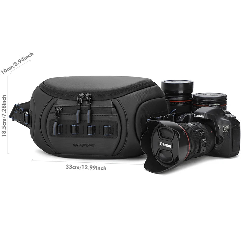Black Qisemian camera sling bag shown closed, and open three times with a DSLR and lenses in grey dividers