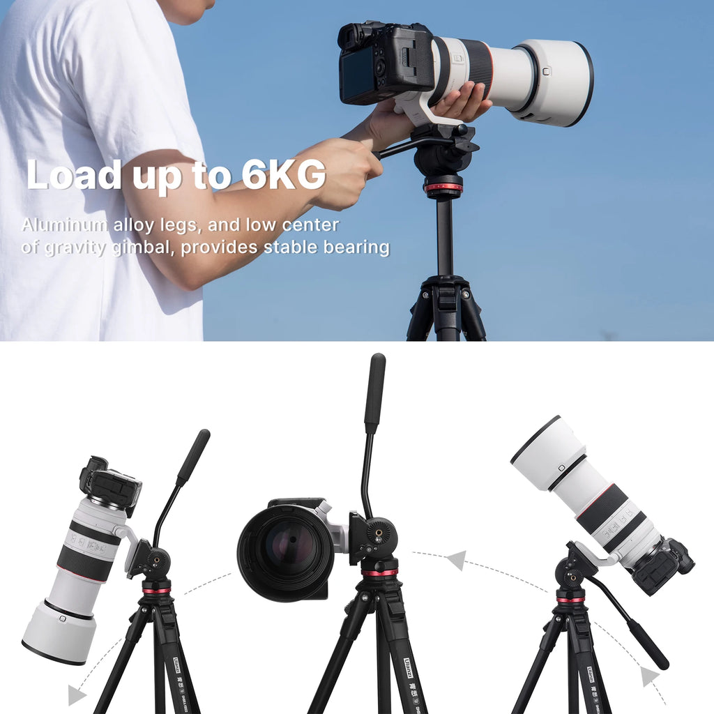 Black Ulanzi video tripod with a fluid head and pan handle, shown standing and folded, next to a phone holder