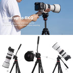 Black Ulanzi video tripod with a fluid head and pan handle, shown standing and folded, next to a phone holder