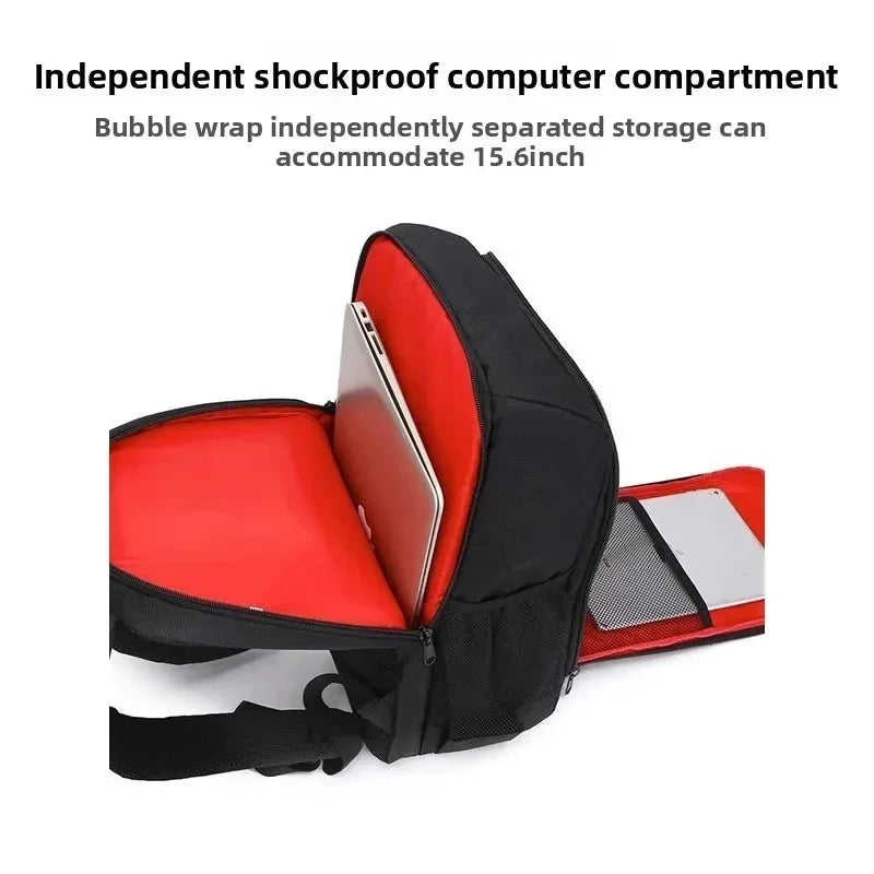Black camera backpack with a red padded interior holding a DSLR, lenses and a tablet, shown open from the front