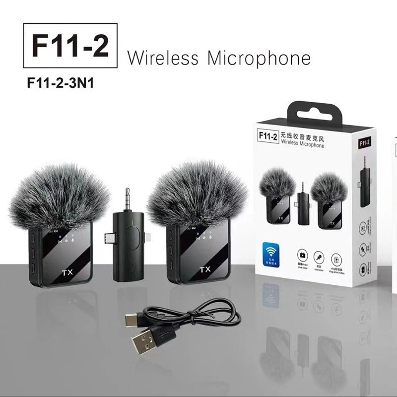 Two black clip-on mics with furry windscreens, a small receiver with a headphone plug, a cable and the box