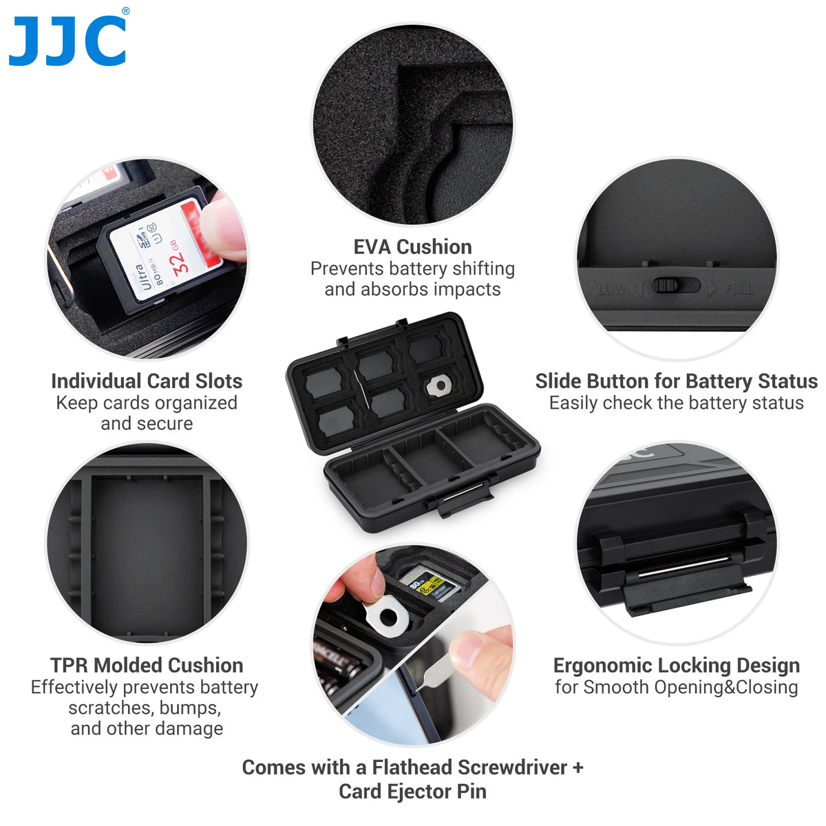 Open black JJC hard case with memory cards held in the lid and three camera batteries in moulded wells below