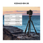 Black K&F Concept tripod with an orange-trimmed ball head, shown with a phone clip, folded legs and a black carry bag