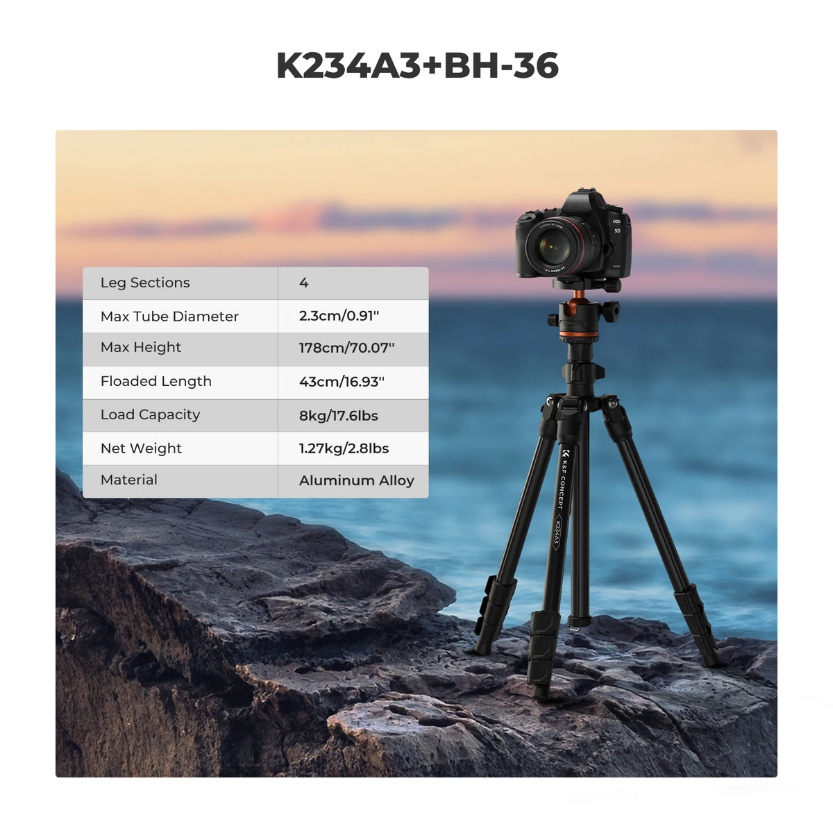 Black K&F Concept tripod with an orange-trimmed ball head, shown with a phone clip, folded legs and a black carry bag