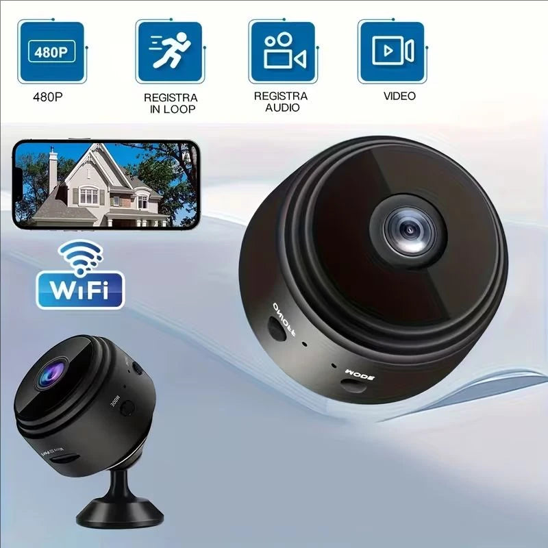 Four round black mini cameras with a magnetic stand and USB cable, next to a phone showing a street view in the app