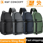 Four K&F Concept single-strap camera sling bags in black, grey, navy and green, standing side by side