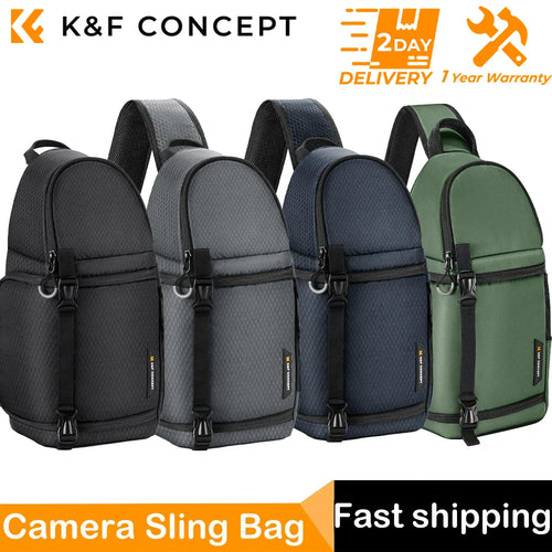 Four K&F Concept single-strap camera sling bags in black, grey, navy and green, standing side by side