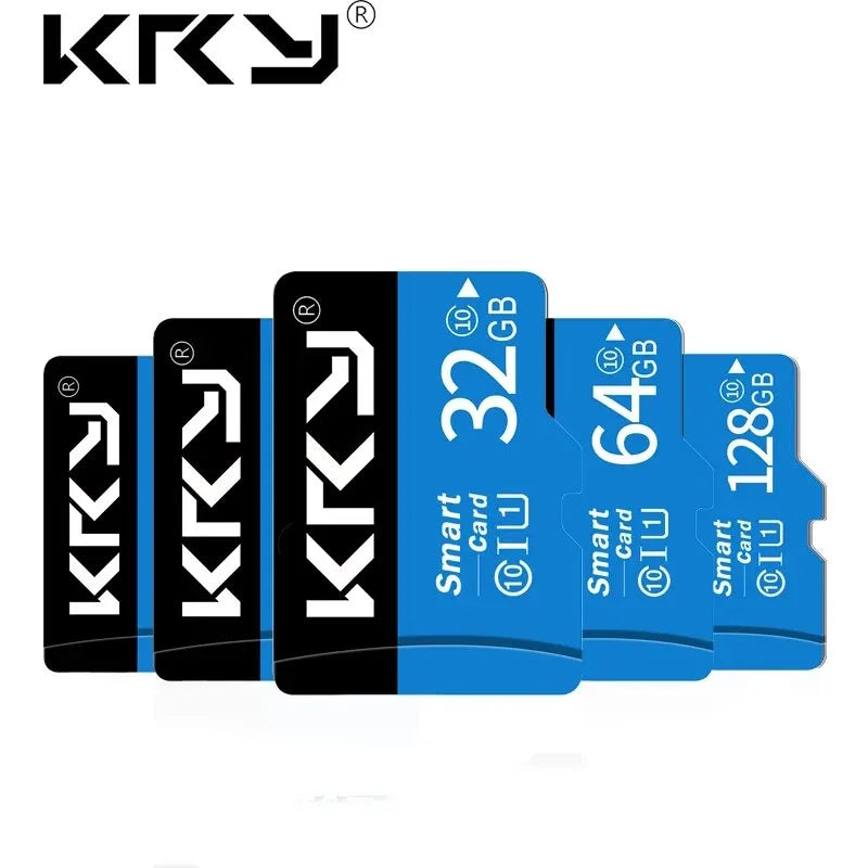 Blue and black KRY microSD cards from 8GB to 128GB beside a red retail pack holding a card and an SD adapter