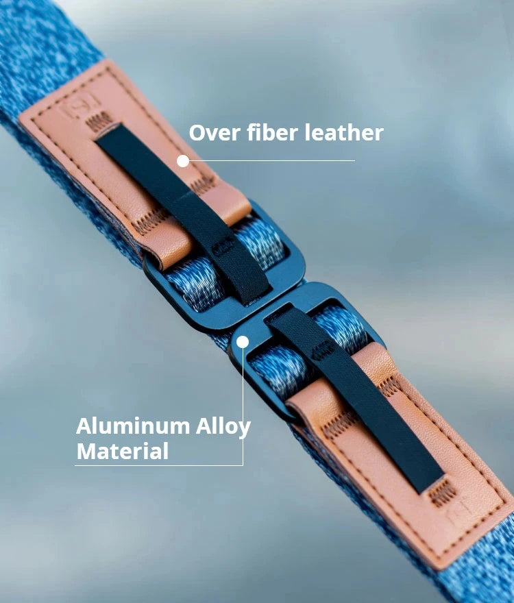 Camera shoulder straps in grey, blue, green and black with quick release clips, beside four round anchor connectors