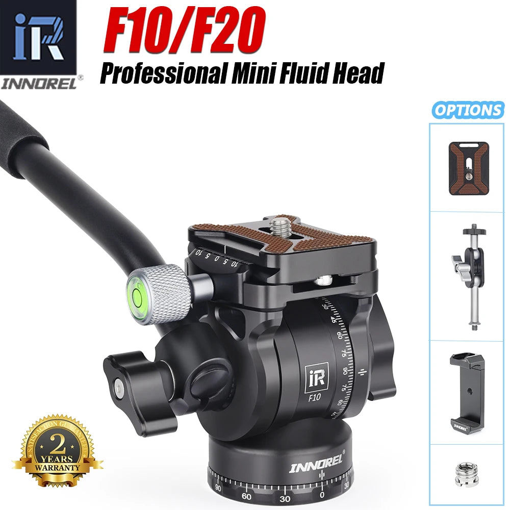 Black Innorel F10 fluid head with a padded pan handle, bubble level and quick release plate, with optional add-ons