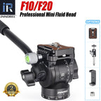 Black Innorel F10 fluid head with a padded pan handle, bubble level and quick release plate, with optional add-ons
