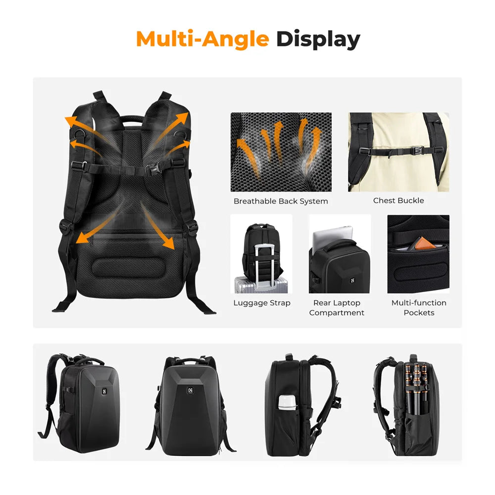 Black K&F Concept camera backpack with a molded hard shell front, beside its open inside and a white rain cover