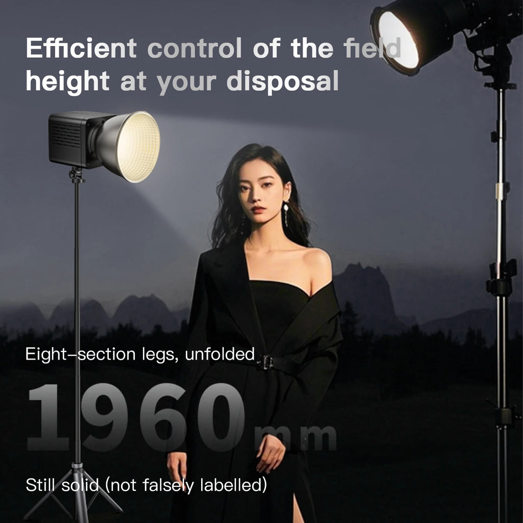 Gray Coman tripod holding a phone at full height, shown folded with a small tilting head, plus a head close-up and a remote