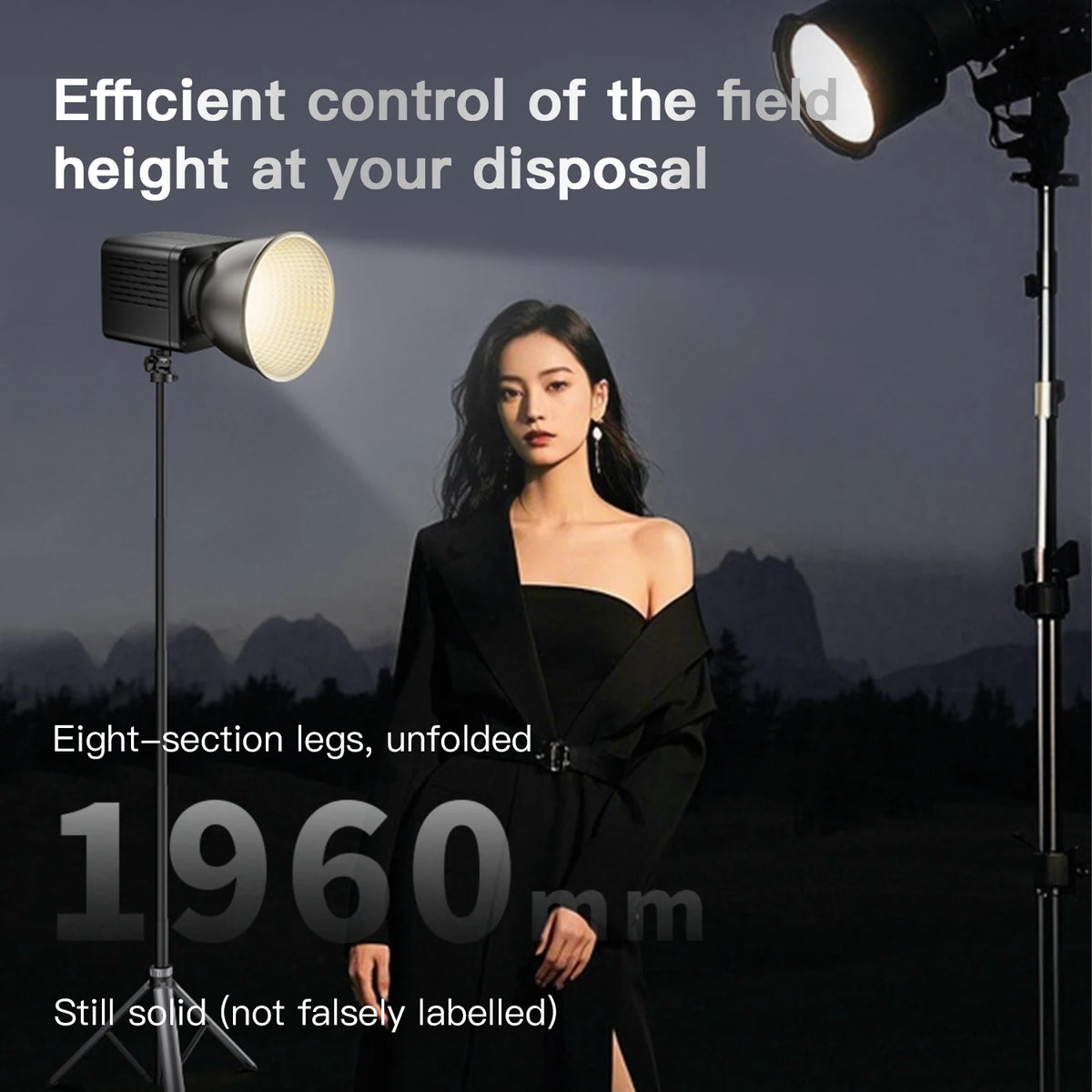 Gray Coman tripod holding a phone at full height, shown folded with a small tilting head, plus a head close-up and a remote