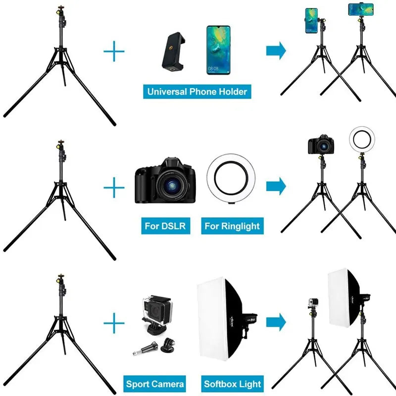 Black Nagnahz light stand on spread legs, a folded stand, and small icons of a softbox, umbrella, LED panel and reflector