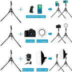 Black Nagnahz light stand on spread legs, a folded stand, and small icons of a softbox, umbrella, LED panel and reflector