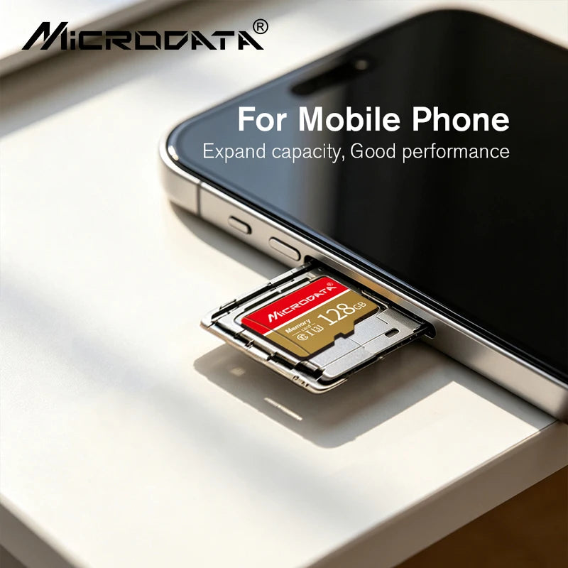 Red and gold Microdata microSD cards in several capacities with a blue retail pack and a black SD adapter