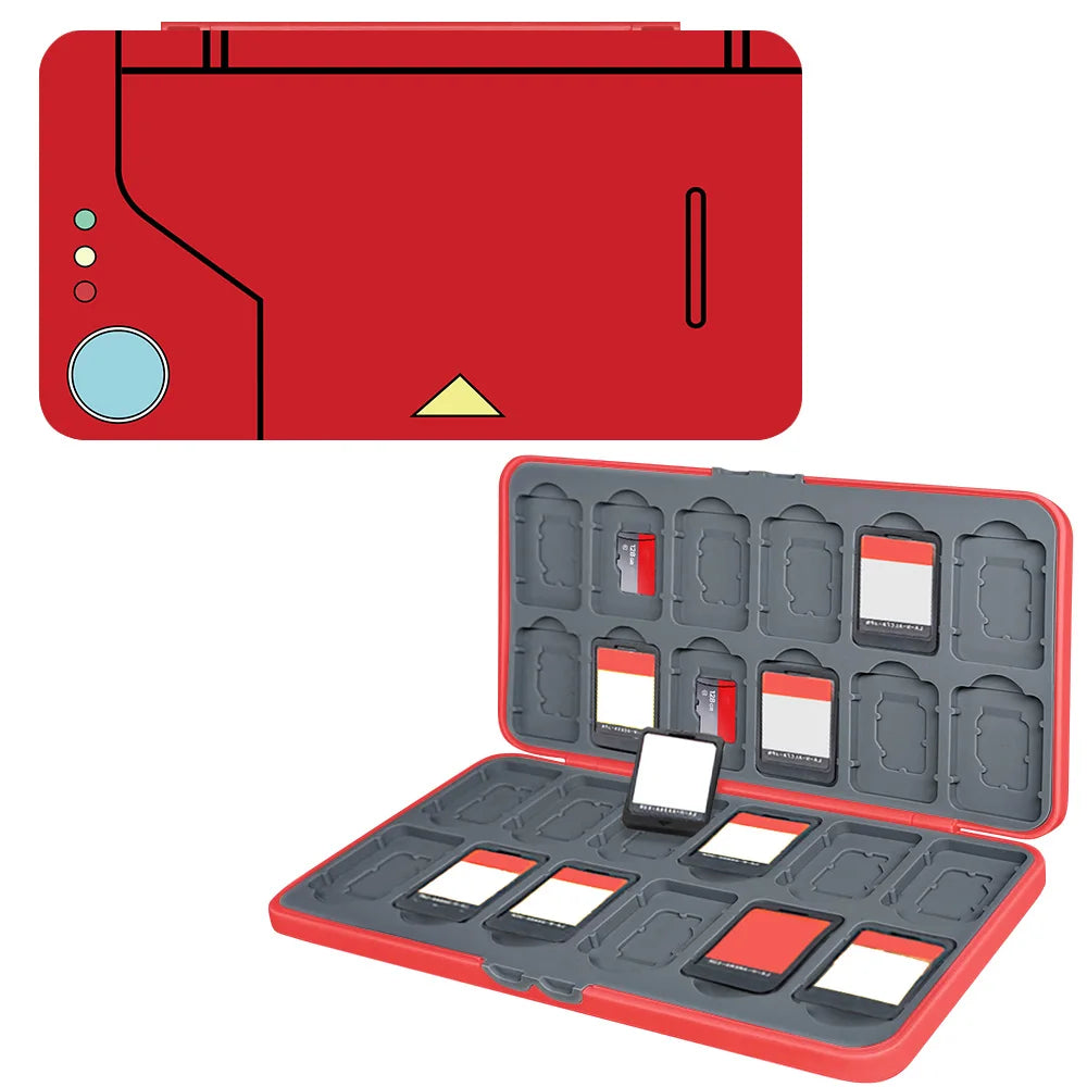 Red hard-shell card case open to show two grey trays of game card and microSD slots, several of them filled