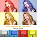 Two LED panel lights on black tripod stands with USB cables, beside panels glowing red, orange, purple, green and blue