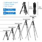 Black tripod with padded legs, a pan head and handle, shown with a phone holder, a DSLR, a spare plate and a folded view