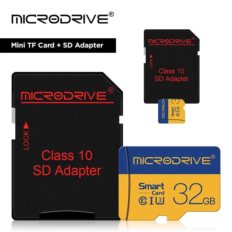 Four blue and yellow Microdrive-labeled microSD cards marked 128GB, 64GB, 32GB and 16GB on a white background