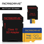 Four blue and yellow Microdrive-labeled microSD cards marked 128GB, 64GB, 32GB and 16GB on a white background