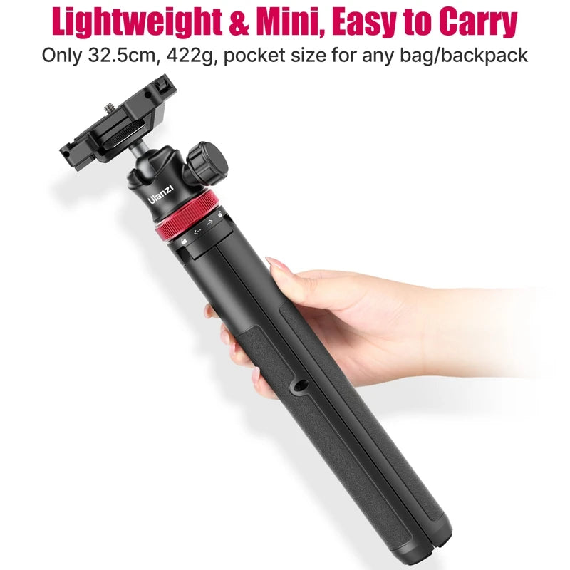 Black Ulanzi MT-44 extended as a handheld stick with a phone on top, and set up as a tripod holding a mirrorless camera